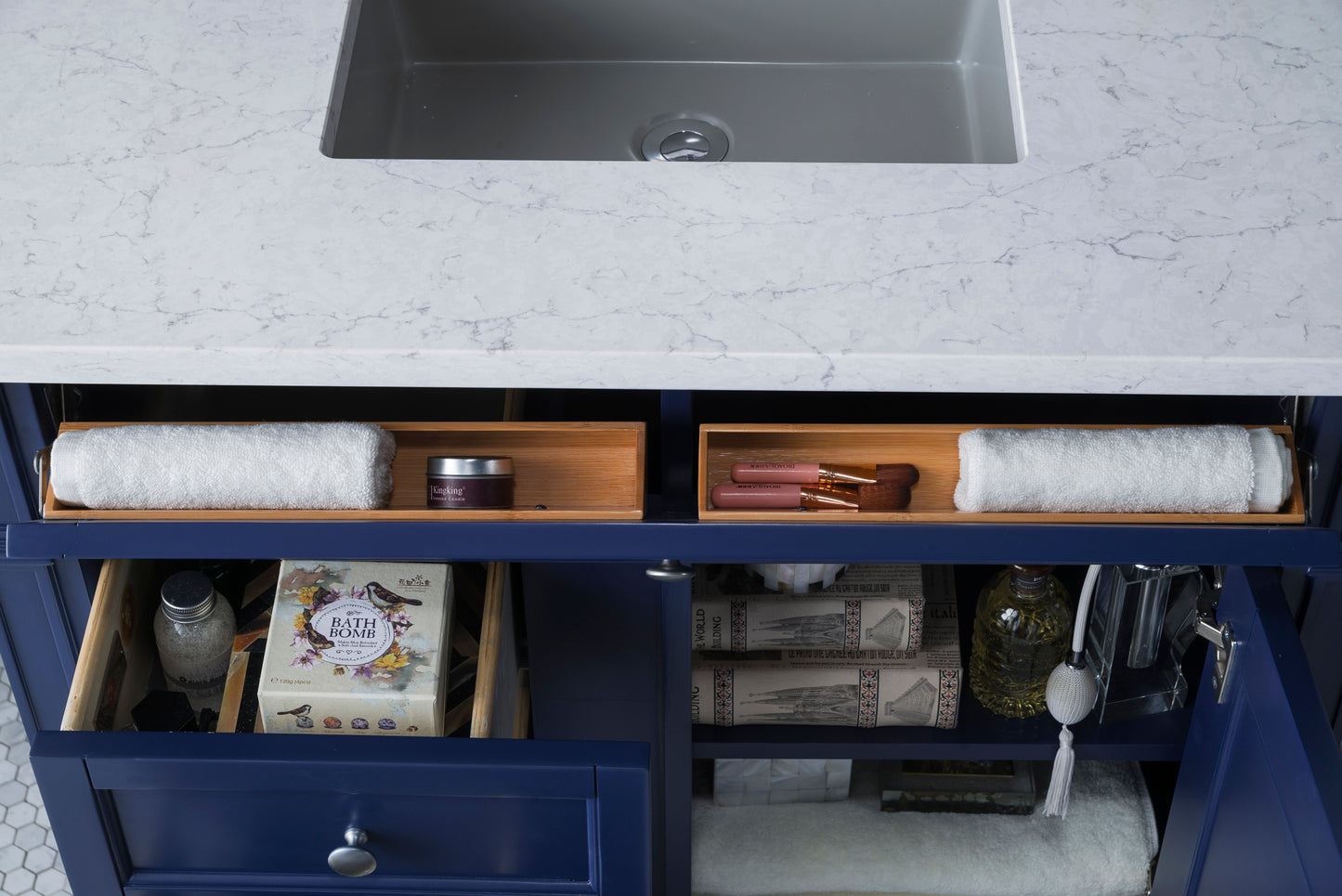 Renovate for Less Atlanta Brittany 36" Single Vanity, Victory Blue w/ 3 CM Eternal Jasmine Pearl Silestone Top