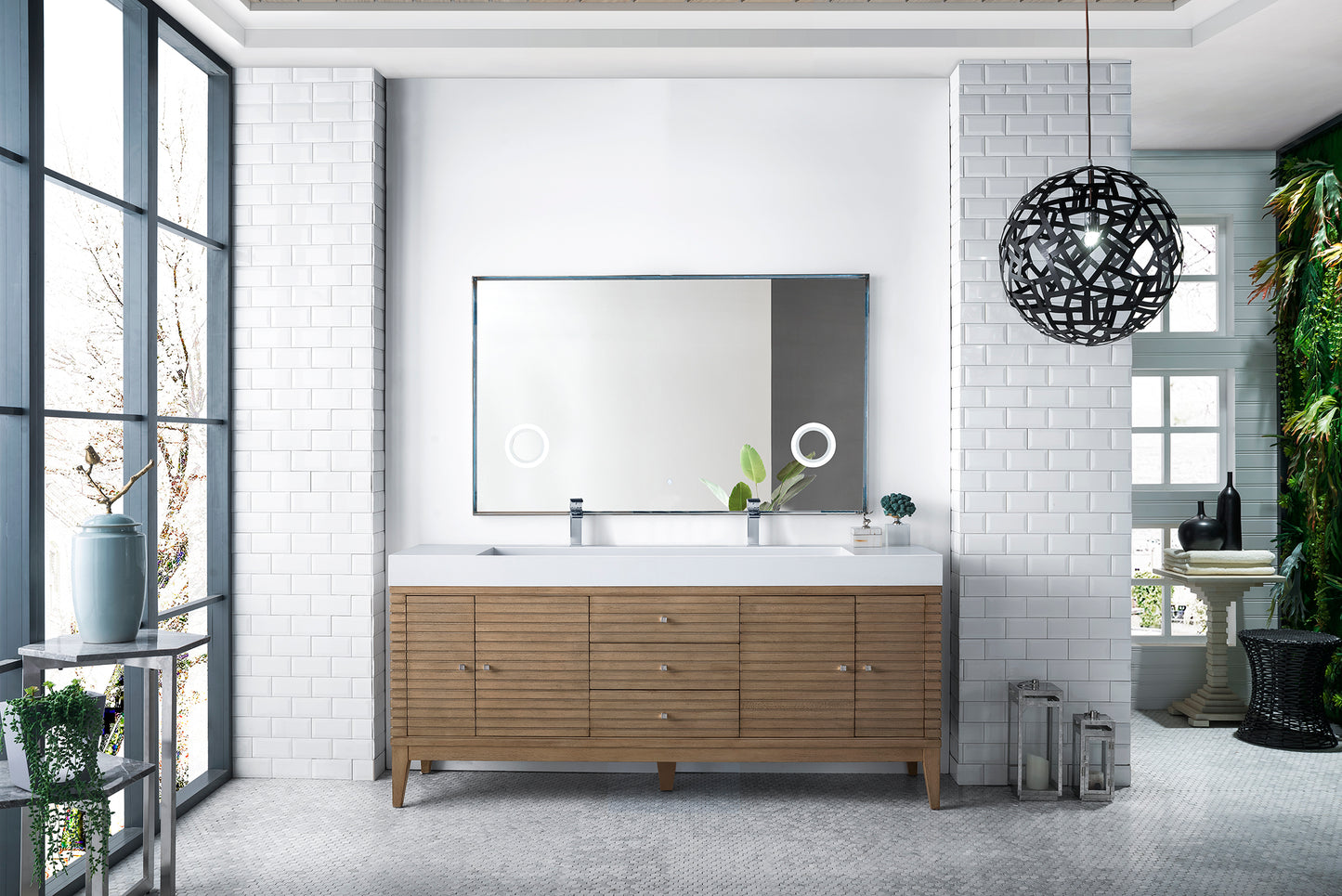 Renovate for Less Atlanta Linear 72" Double Vanity Whitewashed Walnut w/ Glossy White Composite Stone Top