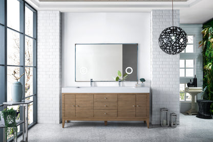 Renovate for Less Atlanta Linear 72" Double Vanity Whitewashed Walnut w/ Glossy White Composite Stone Top