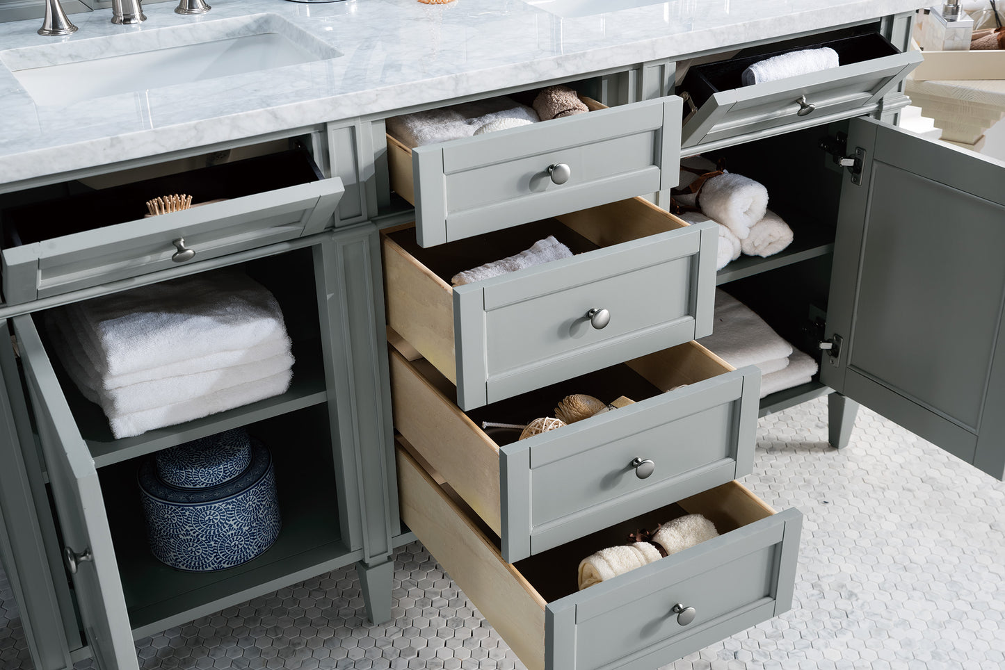Renovate for Less Atlanta Brittany 60" Double Vanity, Urban Gray w/ 3 CM Carrara Marble Top