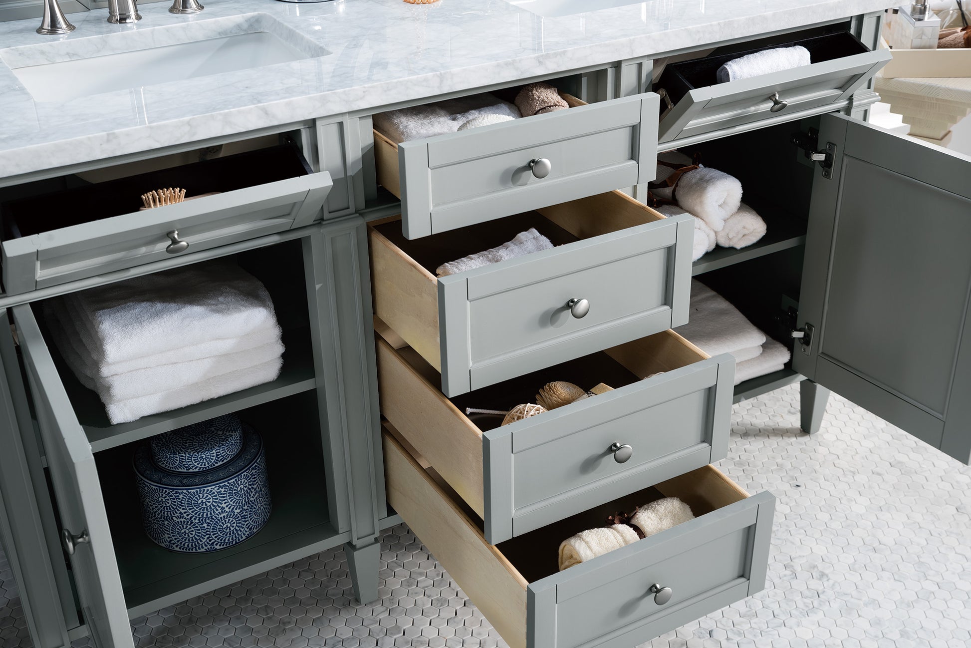 Renovate for Less Atlanta Brittany 60" Double Vanity, Urban Gray w/ 3 CM Carrara Marble Top