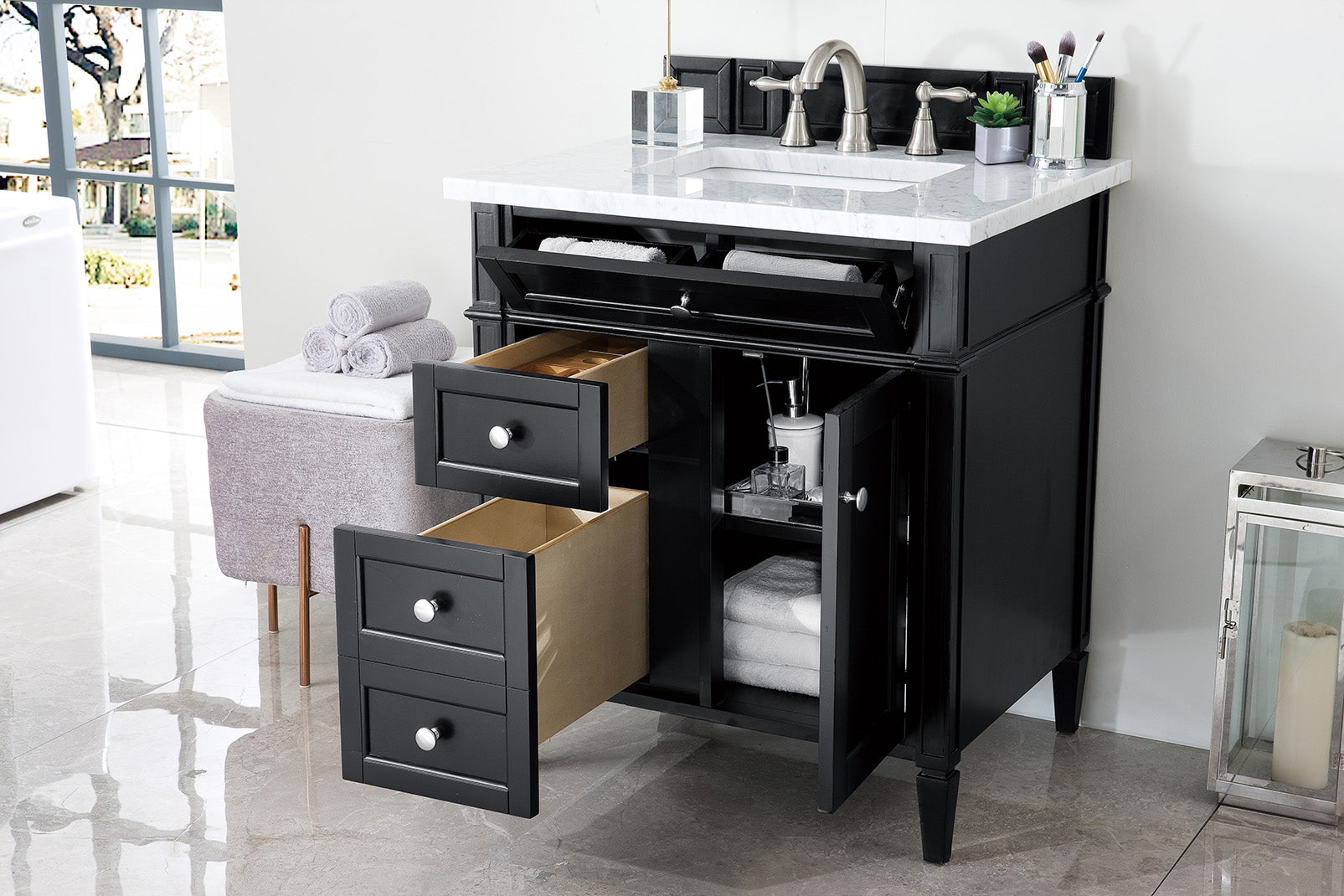 Renovate for Less Atlanta Brittany 30" Single Vanity, Black Onyx w/ 3 CM Carrara Marble Top