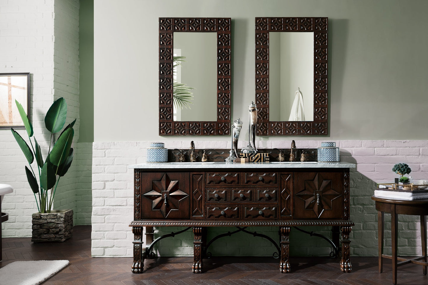 Balmoral 72" Antique Walnut Double Vanity w/ 3 CM Carrara Marble Top James Martin Vanities