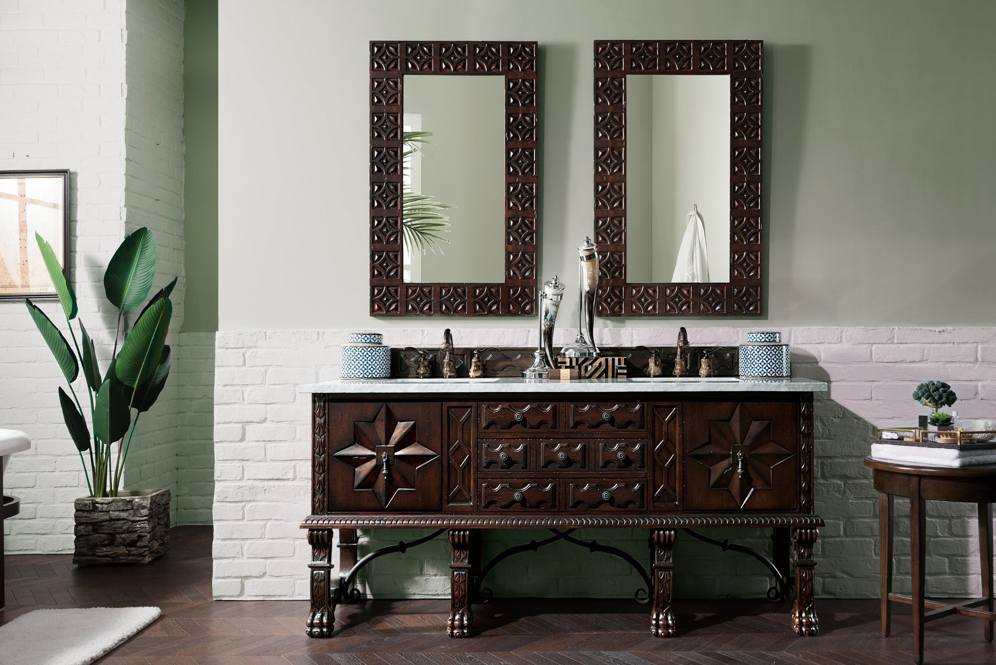 Balmoral 72" Antique Walnut Double Vanity w/ 3 CM Carrara Marble Top James Martin Vanities