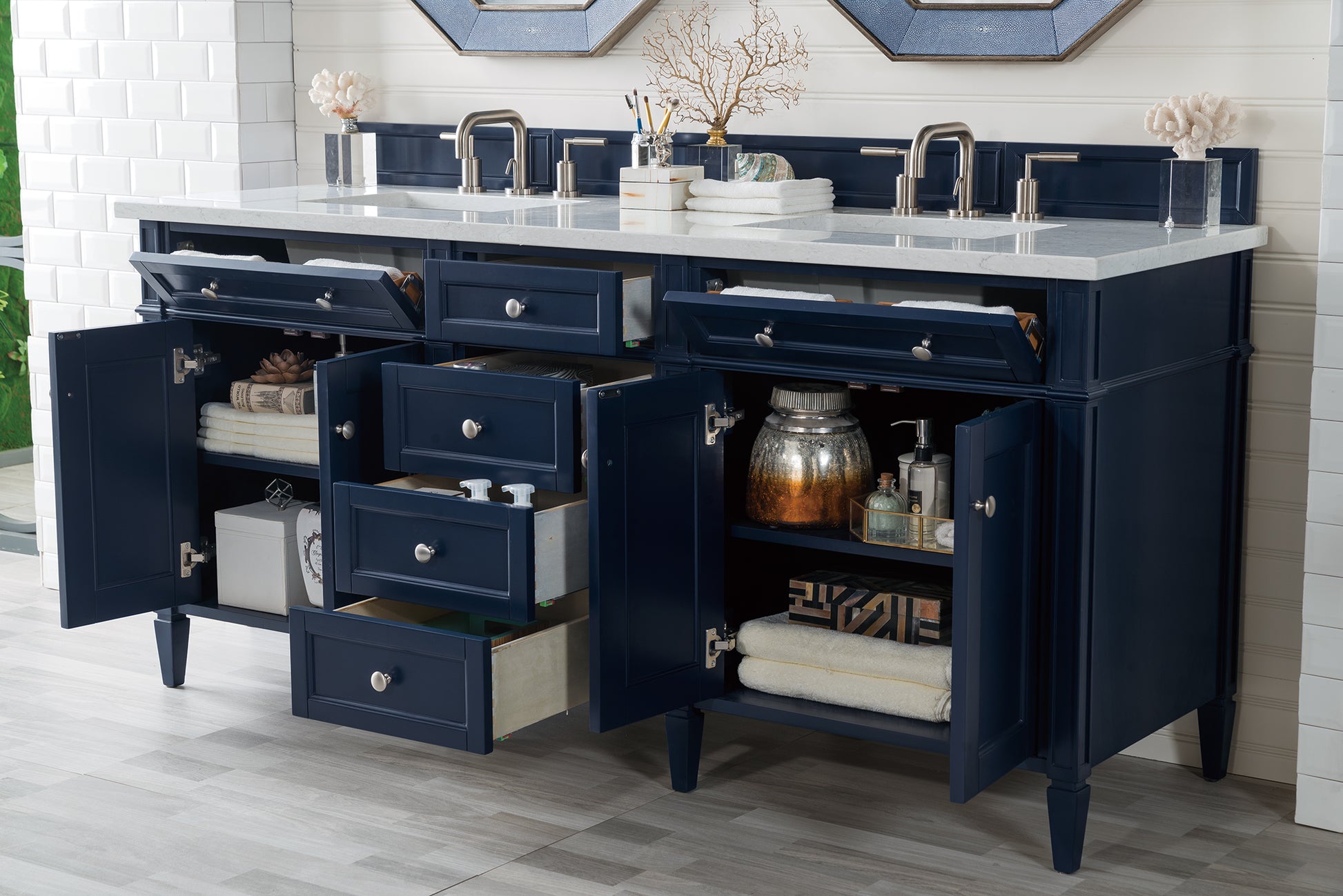 Renovate for Less Atlanta Brittany 72" Double Vanity, Victory Blue w/ 3 CM Eternal Jasmine Pearl Silestone Top w/FreePower Wireless Charger