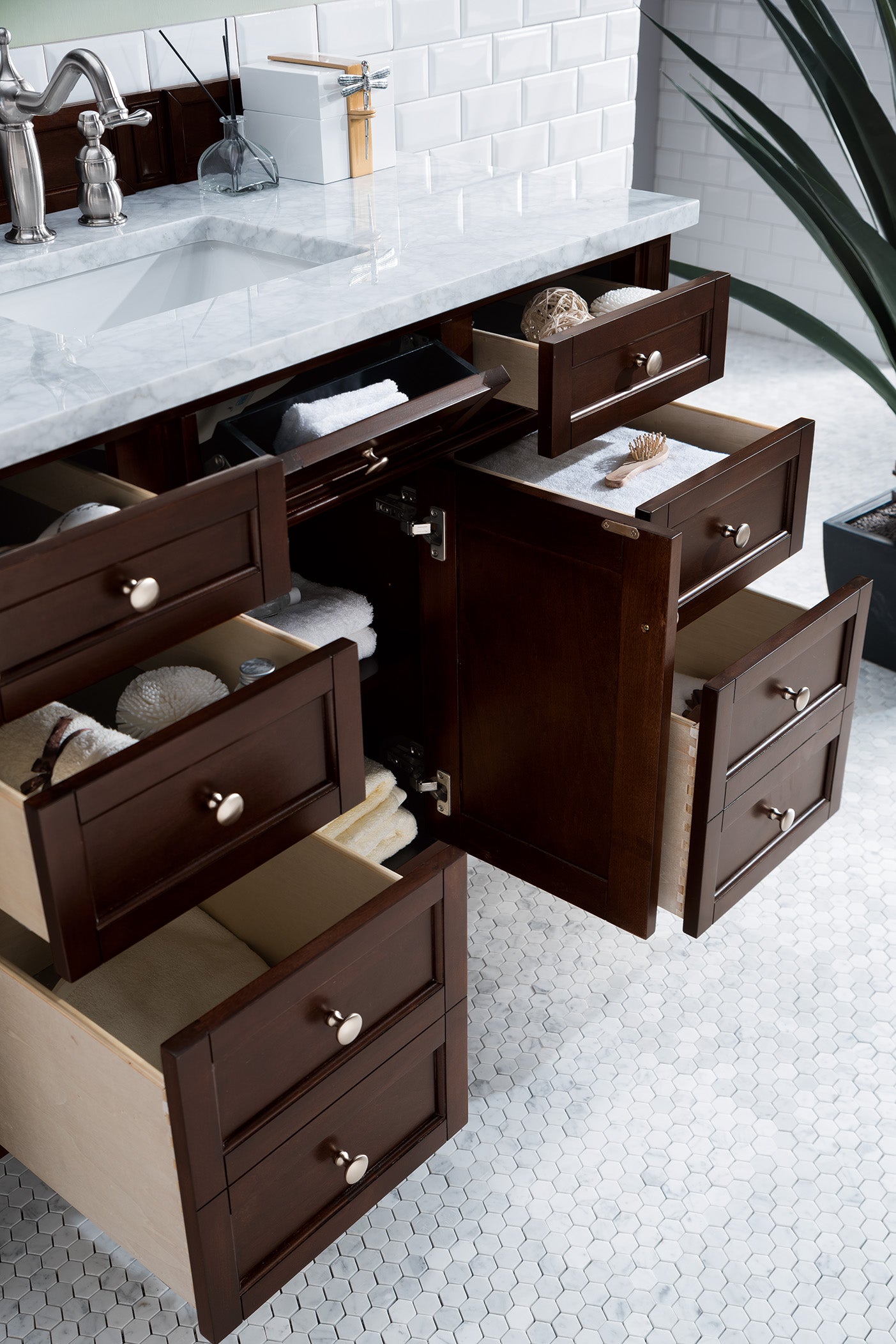 Renovate for Less Atlanta Brittany 48" Single Vanity, Burnished Mahogany w/ 3 CM Carrara Marble Top