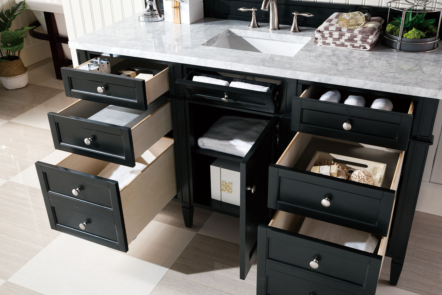Renovate for Less Atlanta Brittany 60" Single Vanity, Black Onyx w/ 3 CM Carrara Marble Top
