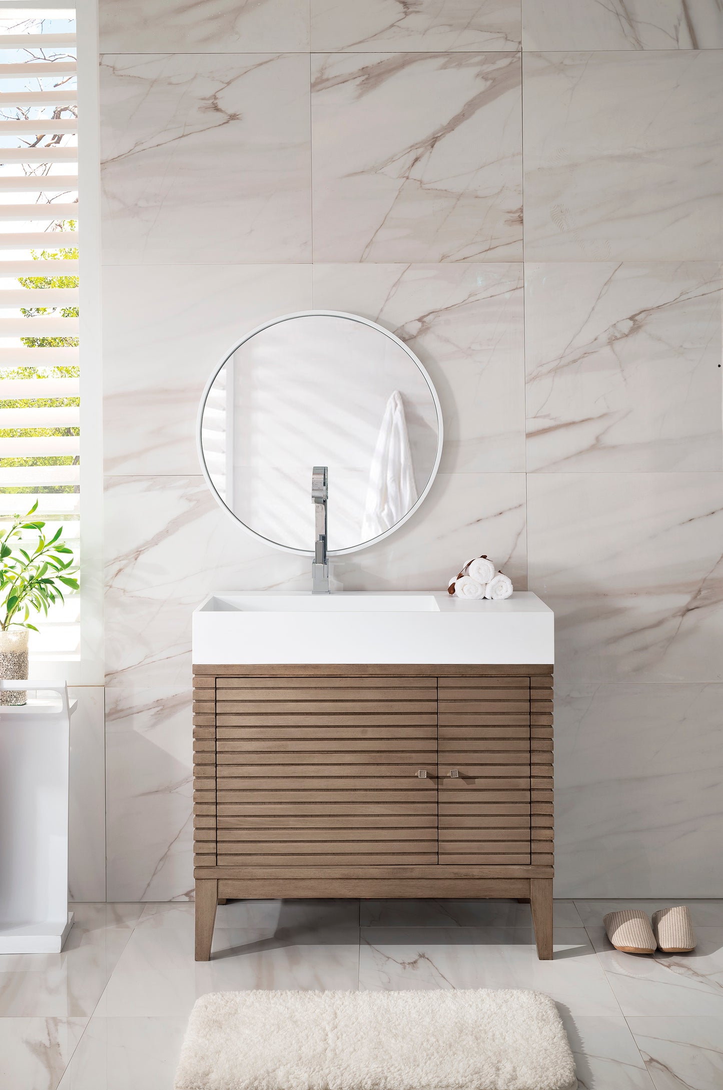 Renovate for Less Atlanta Linear 36" Single Vanity, Whitewashed Walnut w/ Glossy White Composite Stone Top