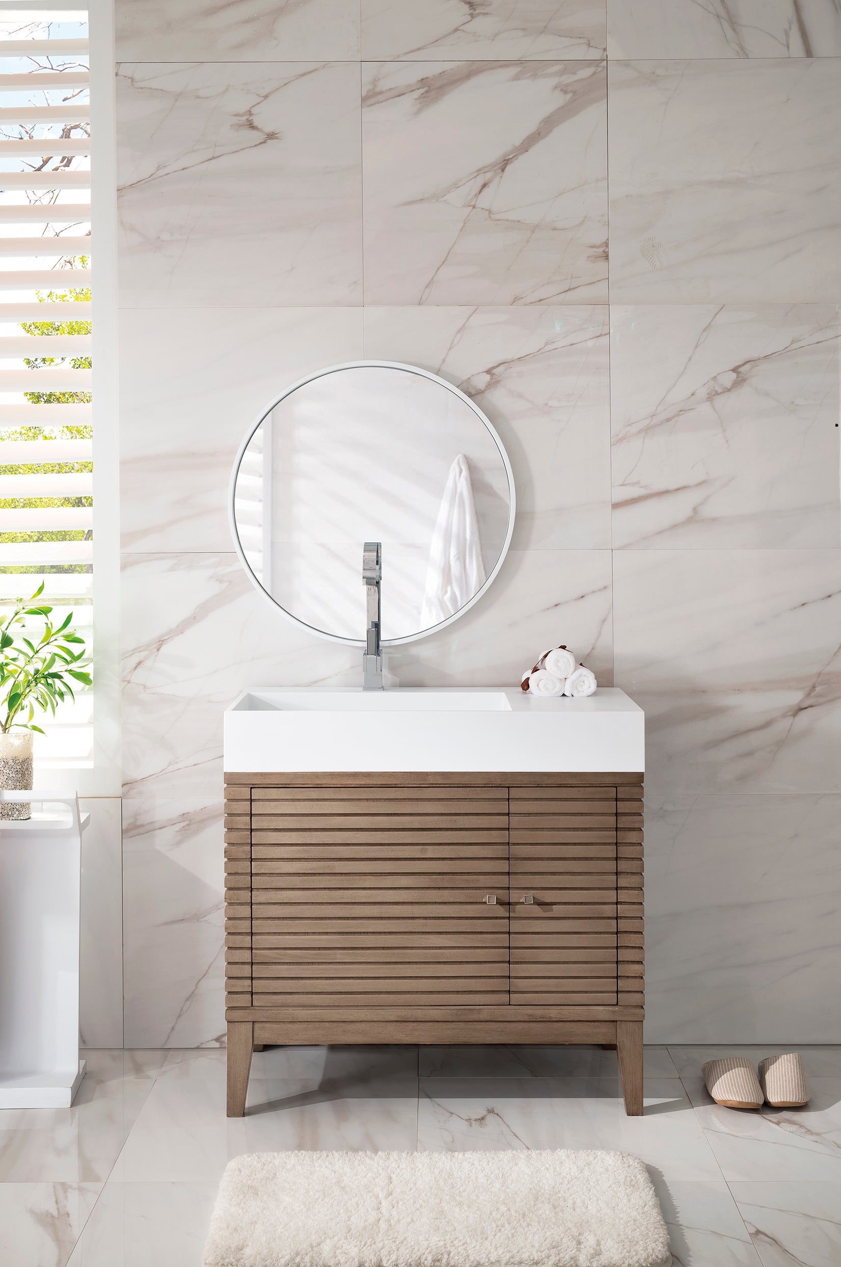 Renovate for Less Atlanta Linear 36" Single Vanity, Whitewashed Walnut w/ Glossy White Composite Stone Top