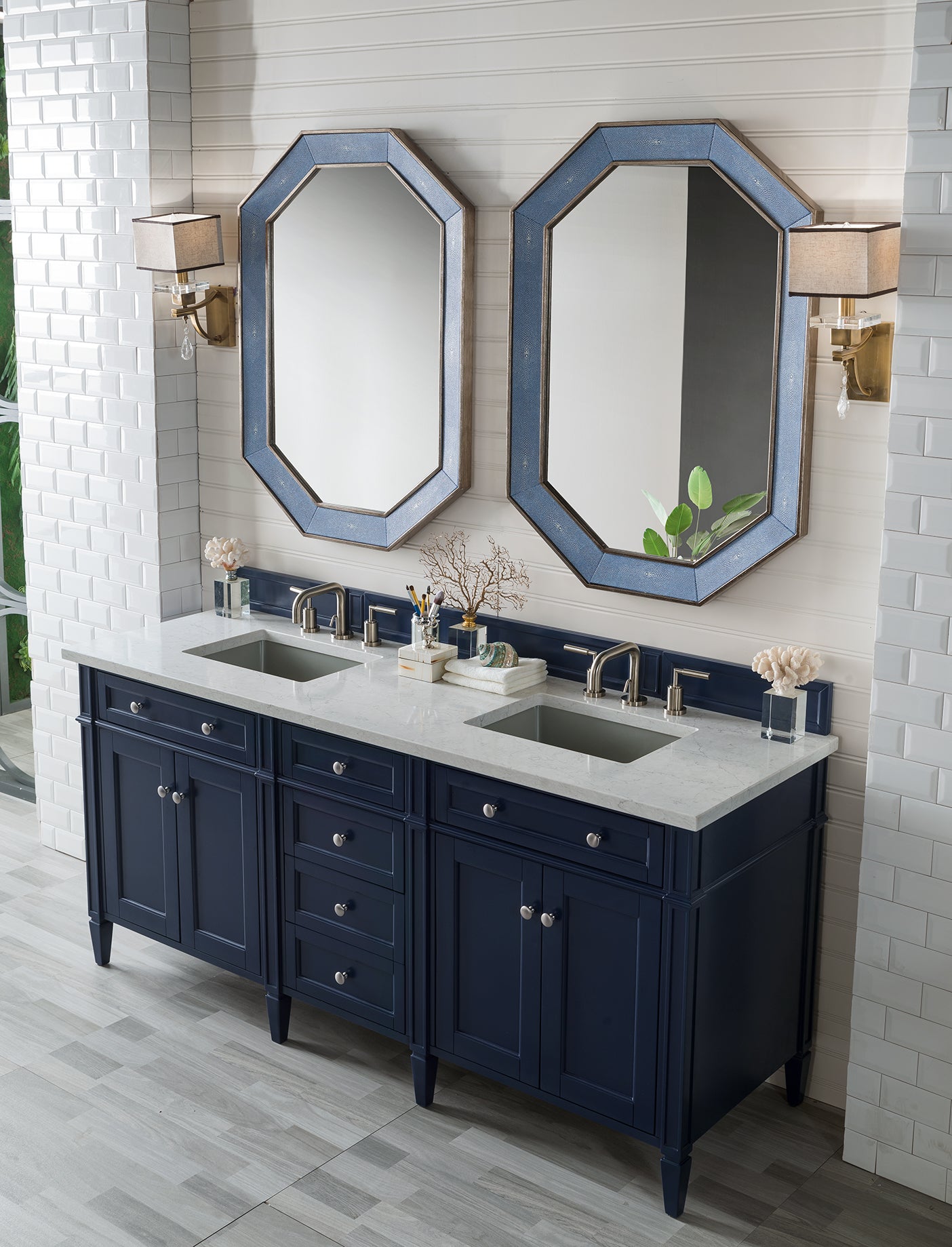 Renovate for Less Atlanta Brittany 72" Double Vanity, Victory Blue w/ 3 CM Eternal Jasmine Pearl Silestone Top w/FreePower Wireless Charger