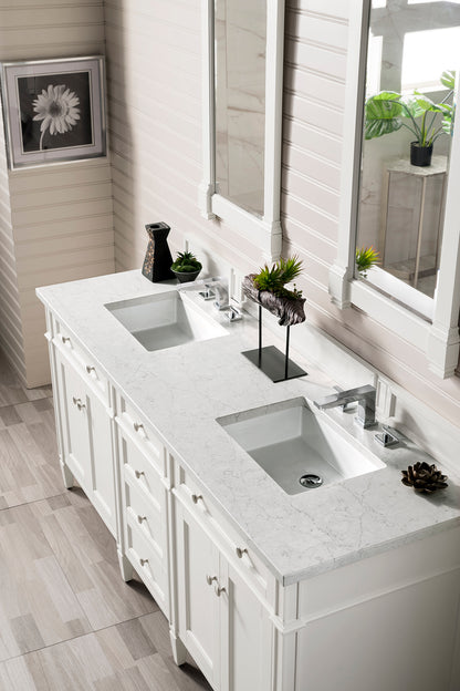 Renovate for Less Atlanta Brittany 72" Double Vanity, Bright White Vanity w/ 3 CM Eternal Jasmine Pearl Silestone Top w/FreePower Wireless Charger
