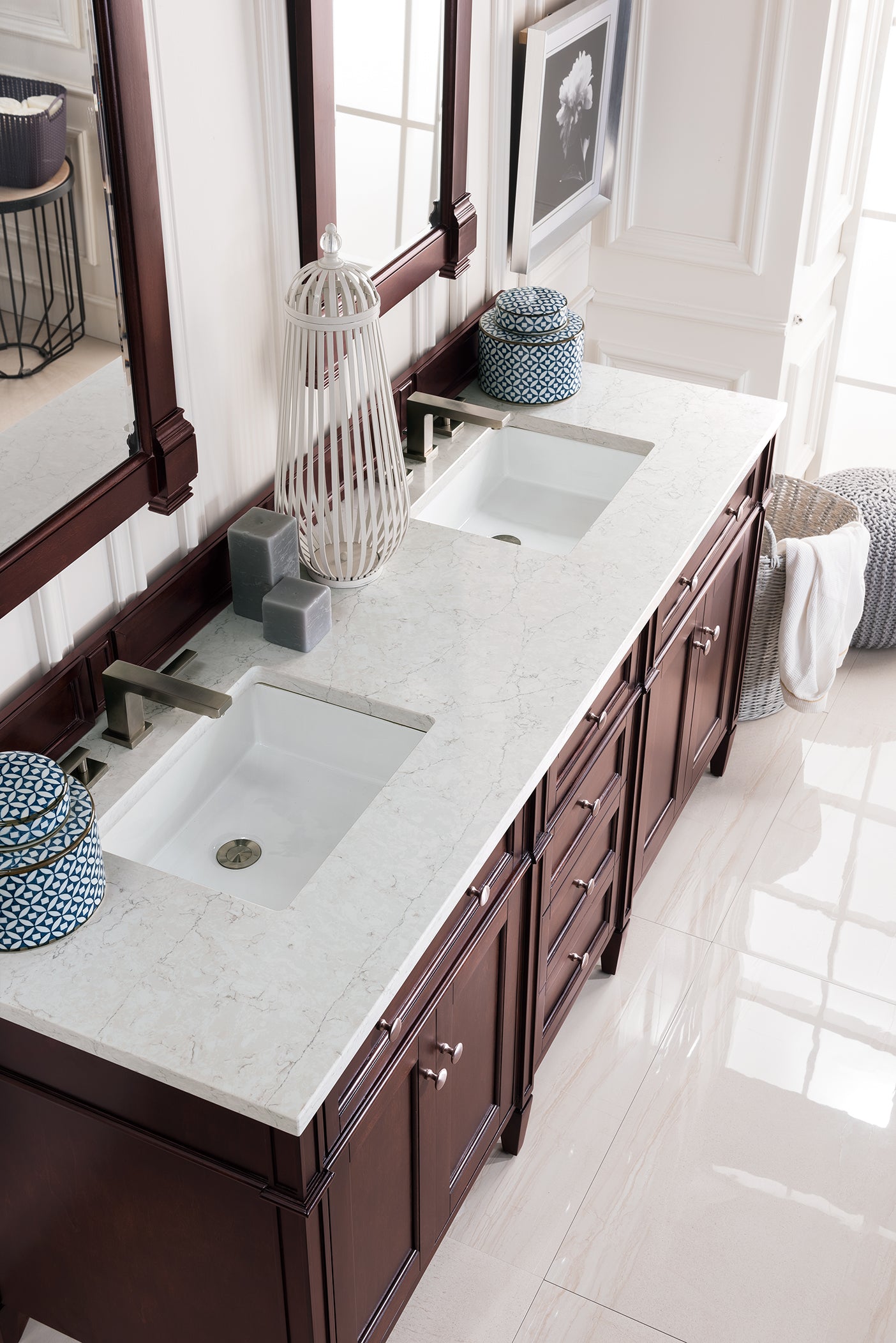 Renovate for Less Atlanta Brittany 72" Double Vanity, Burnished Mahogany w/ 3 CM Eternal Jasmine Pearl Silestone Top w/FreePower Wireless Charger