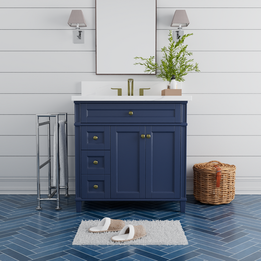 Kensington 35.5 Left Drawers in All Wood Vanity in Navy Blue - Cabinet Only ER VANITIES