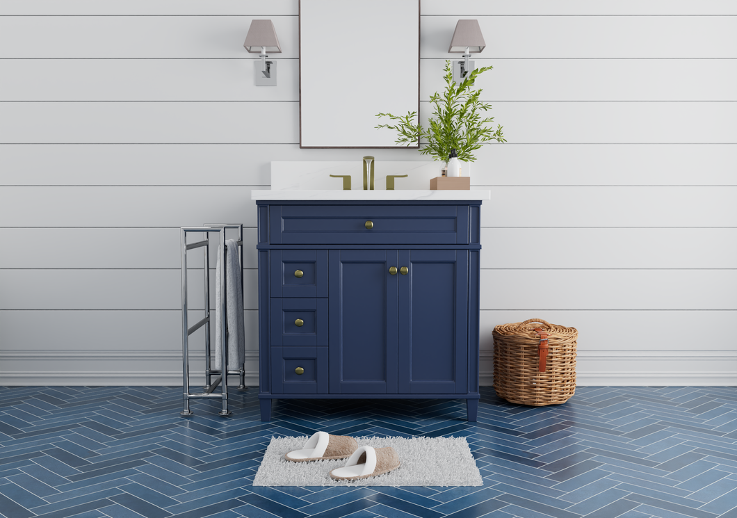 Kensington 35.5 Left Drawers in All Wood Vanity in Navy Blue - Cabinet Only ER VANITIES