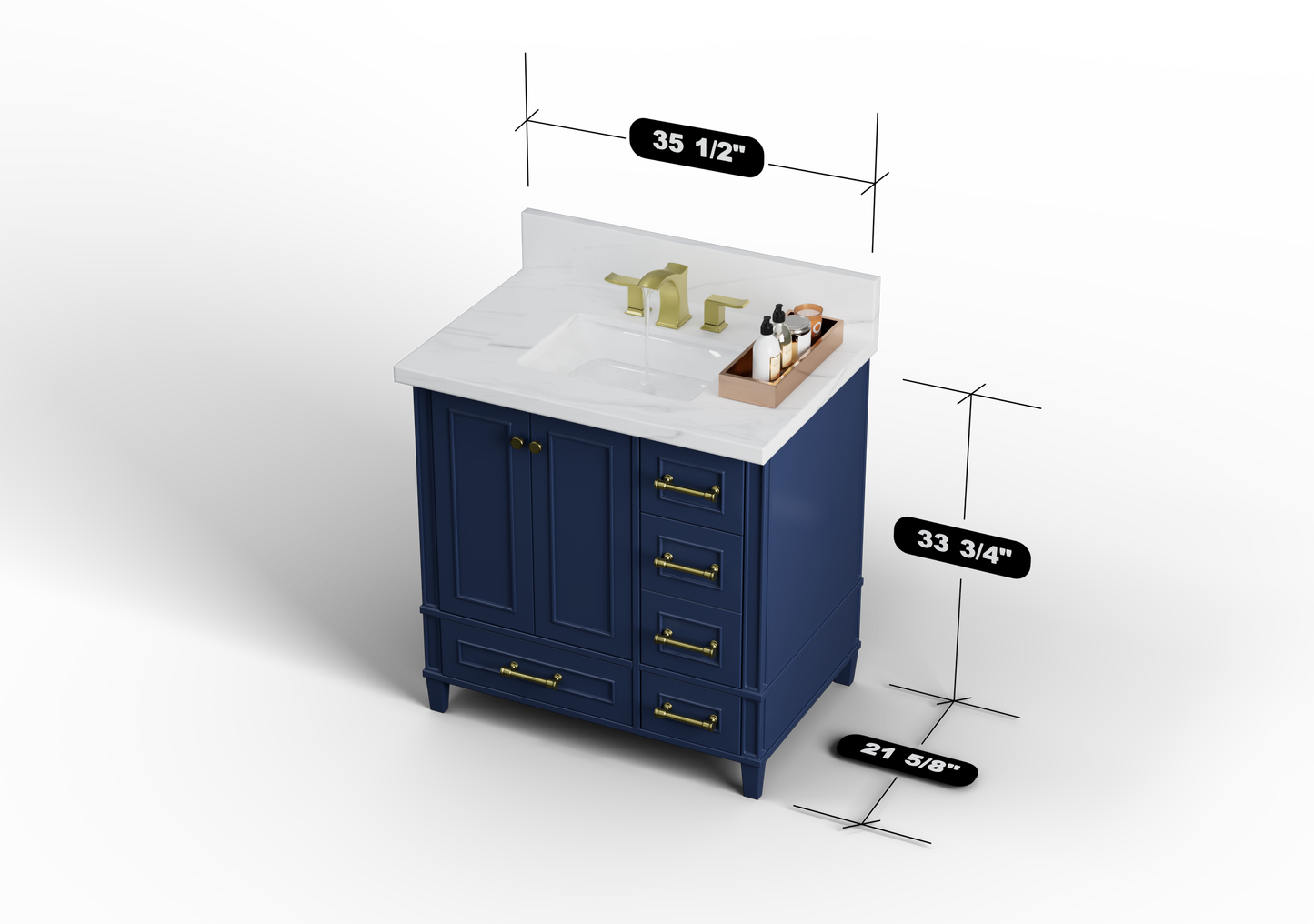 Windsor 35.5 Left Drawers in All Wood Vanity in Navy Blue - Cabinet Only