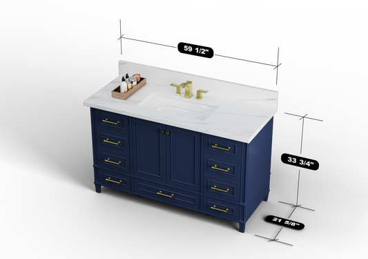Windsor 59.5 Single in All Wood Vanity in Navy Blue - Cabinet Only