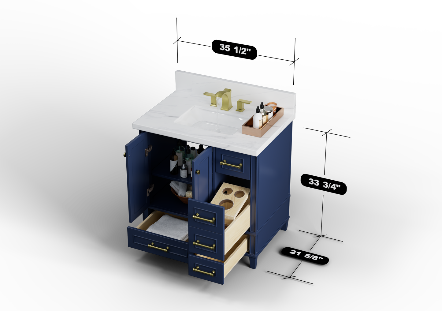 Windsor 35.5 Left Drawers in All Wood Vanity in Navy Blue - Cabinet Only