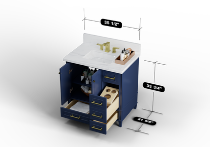 Windsor 35.5 Left Drawers in All Wood Vanity in Navy Blue - Cabinet Only