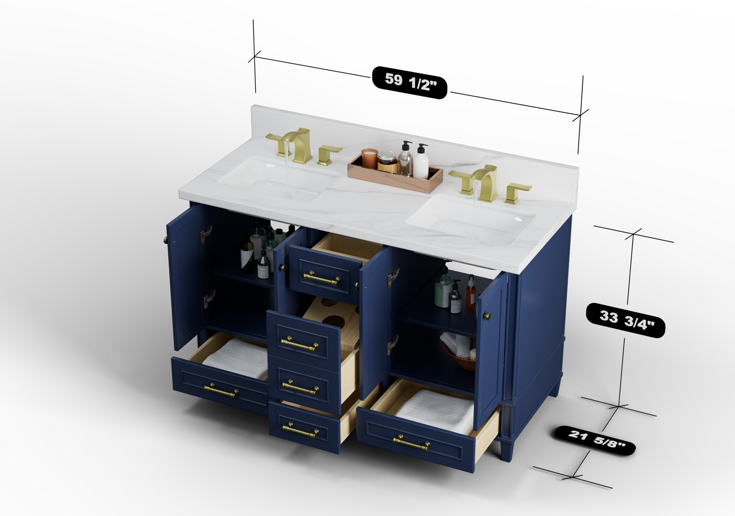 Windsor 59.5 Double in All Wood Vanity in Navy Blue - Cabinet Only