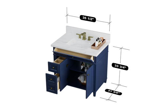 Kensington 35.5 Left Drawers in All Wood Vanity in Navy Blue - Cabinet Only ER VANITIES
