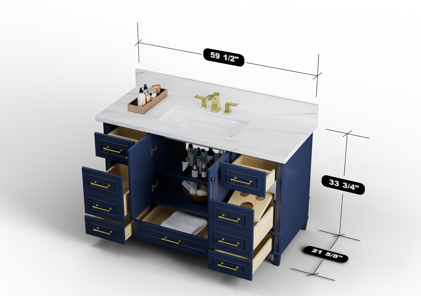 Windsor 59.5 Single in All Wood Vanity in Navy Blue - Cabinet Only