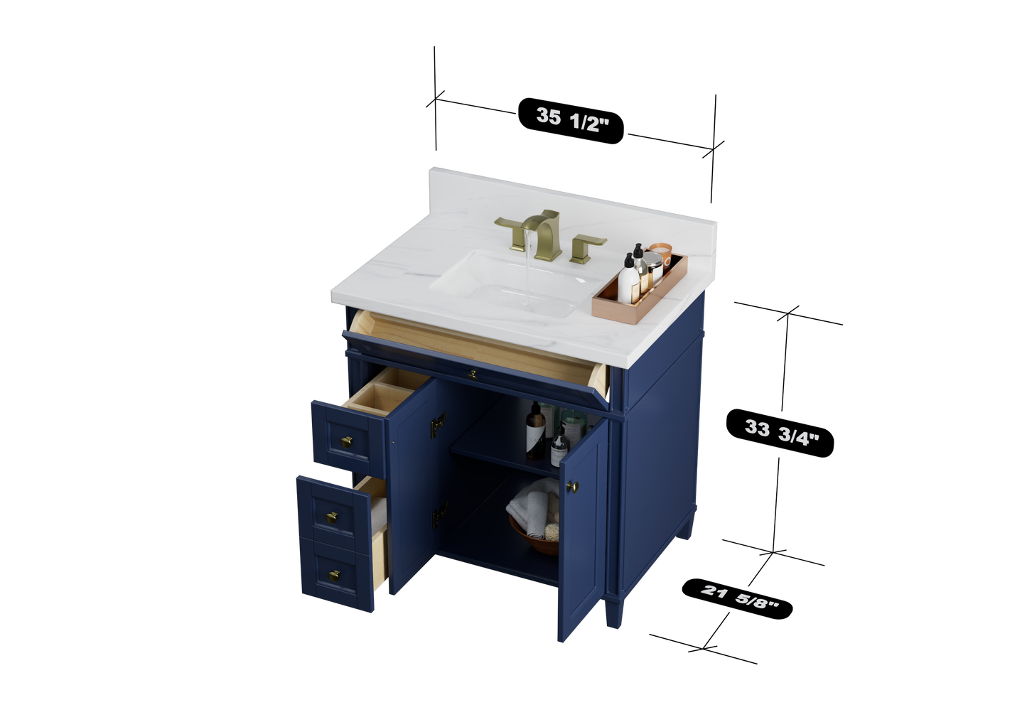 Kensington 35.5 Left Drawers in All Wood Vanity in Navy Blue - Cabinet Only