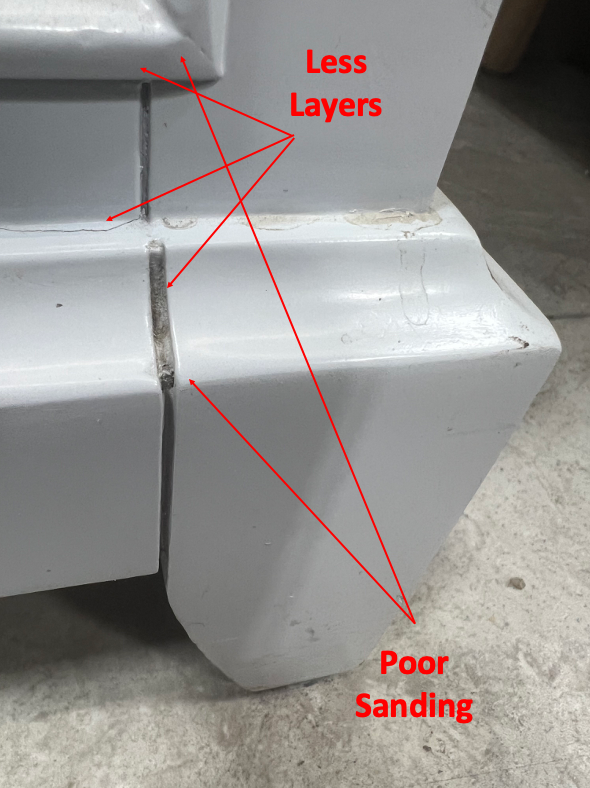 Low-quality vanity leg with a thin painted finish, a gapped joint and rough, unsanded edges