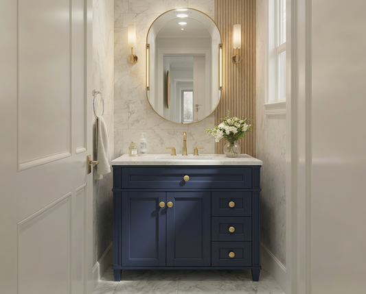 Kensington 35.5 Right Drawers in All Wood Vanity in Navy Blue - Cabinet Only