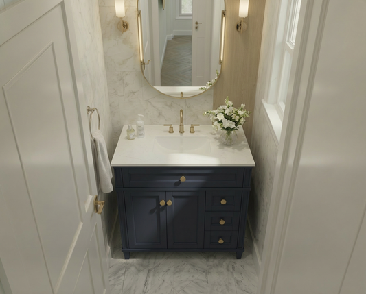 Kensington 35.5 Right Drawers in All Wood Vanity in Navy Blue - Cabinet Only