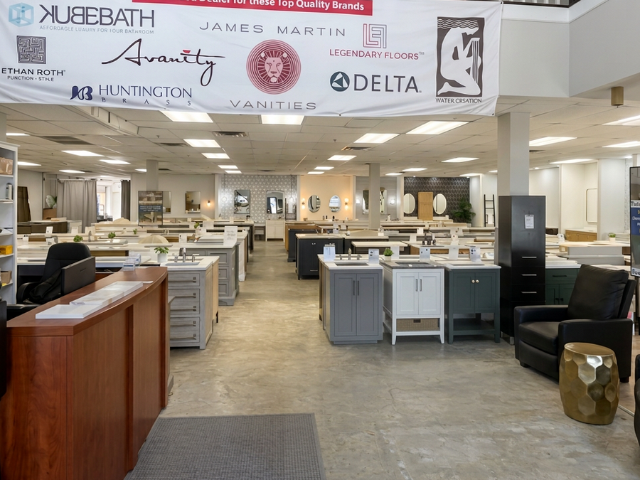 Inside our Roswell bathroom vanity outlet, hundreds of clearance vanities on display, serving Marietta and Kennesaw