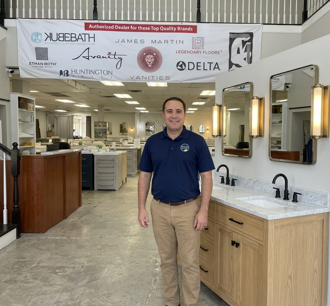 Sam in the Renovate for Less showroom with clearance bathroom vanities in stock