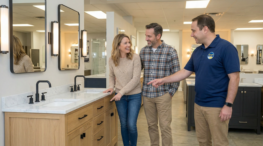 Sam helping customers choose a bathroom vanity at the Renovate for Less Roswell showroom