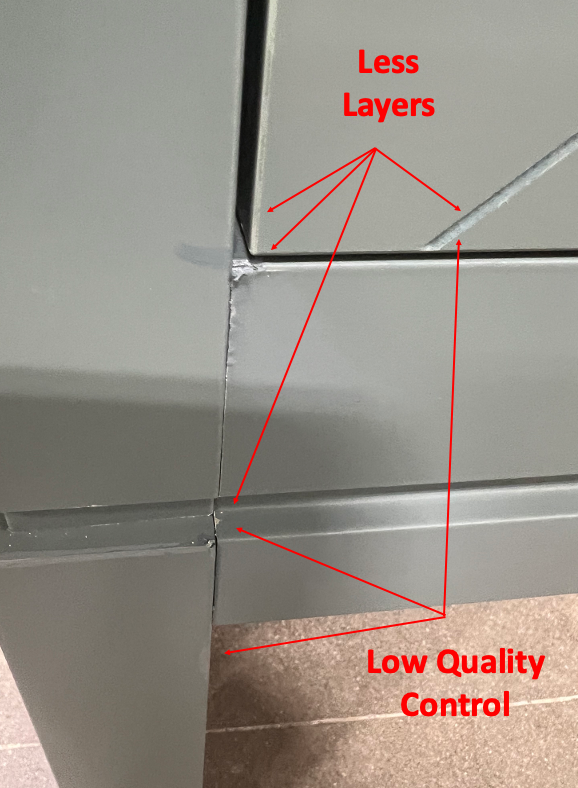 Typical bathroom vanity with a thin 2-3 coat finish showing chipped edges and poor quality control