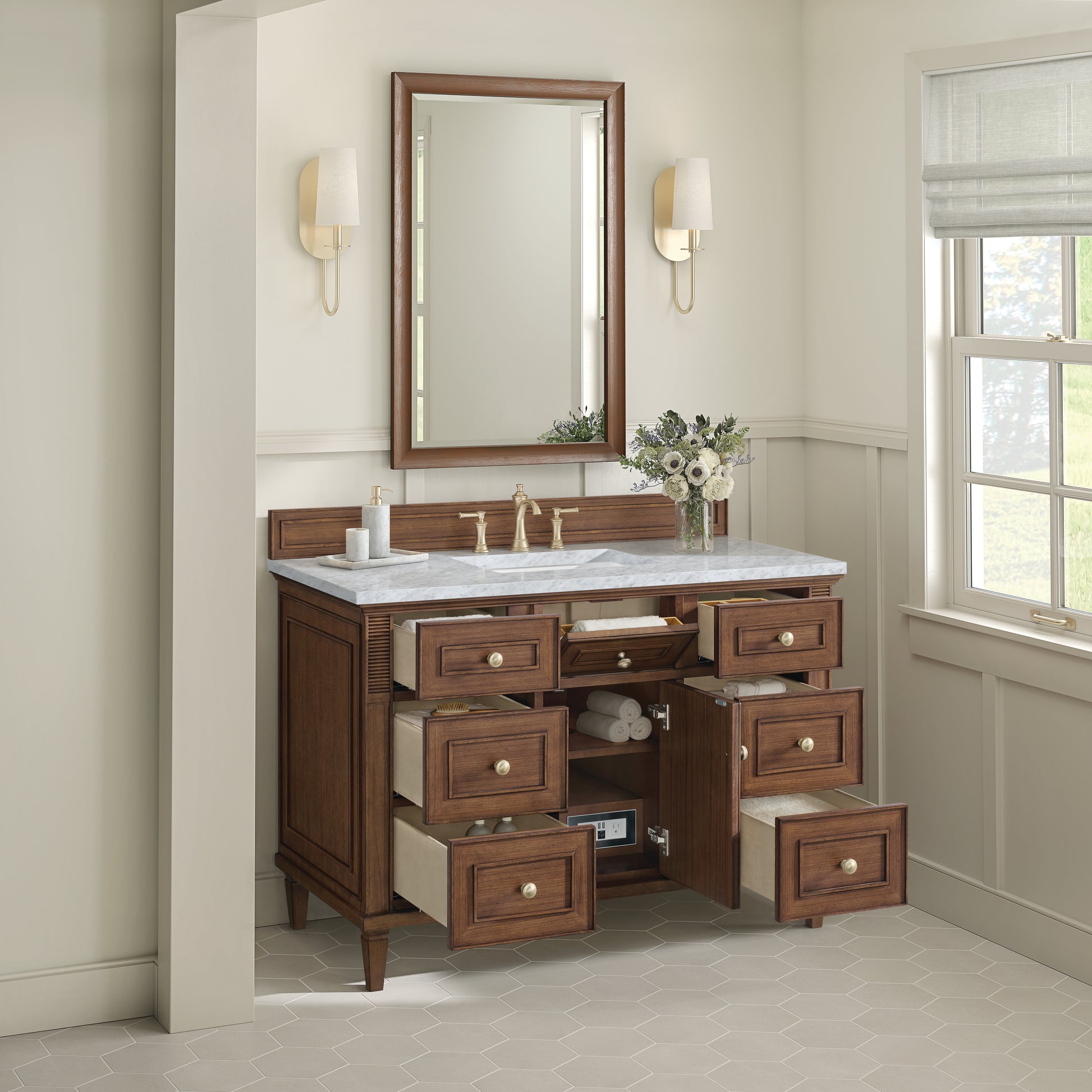 Renovate for Less Atlanta Lorelai 48" Single Vanity, Mid-Century Walnut w/ 3 CM Carrara White Marble Top