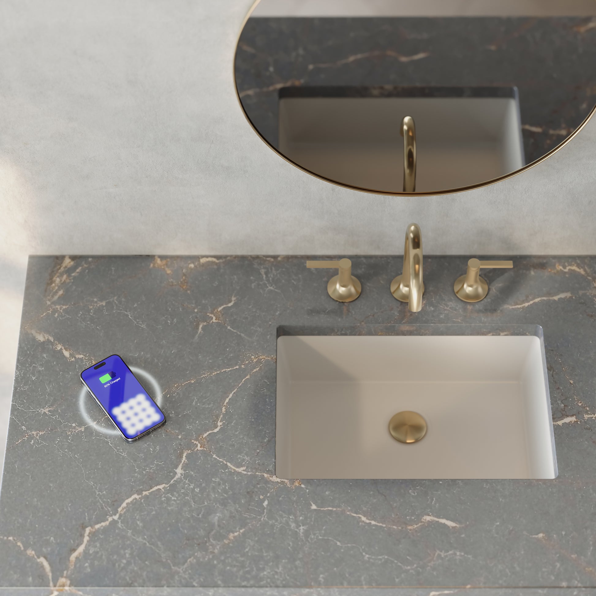 Renovate for Less Atlanta Brittany 48" Single Vanity, Black Onyx w/ 3 CM Parisien Bleu Silestone Top w/FreePower Wireless Charger