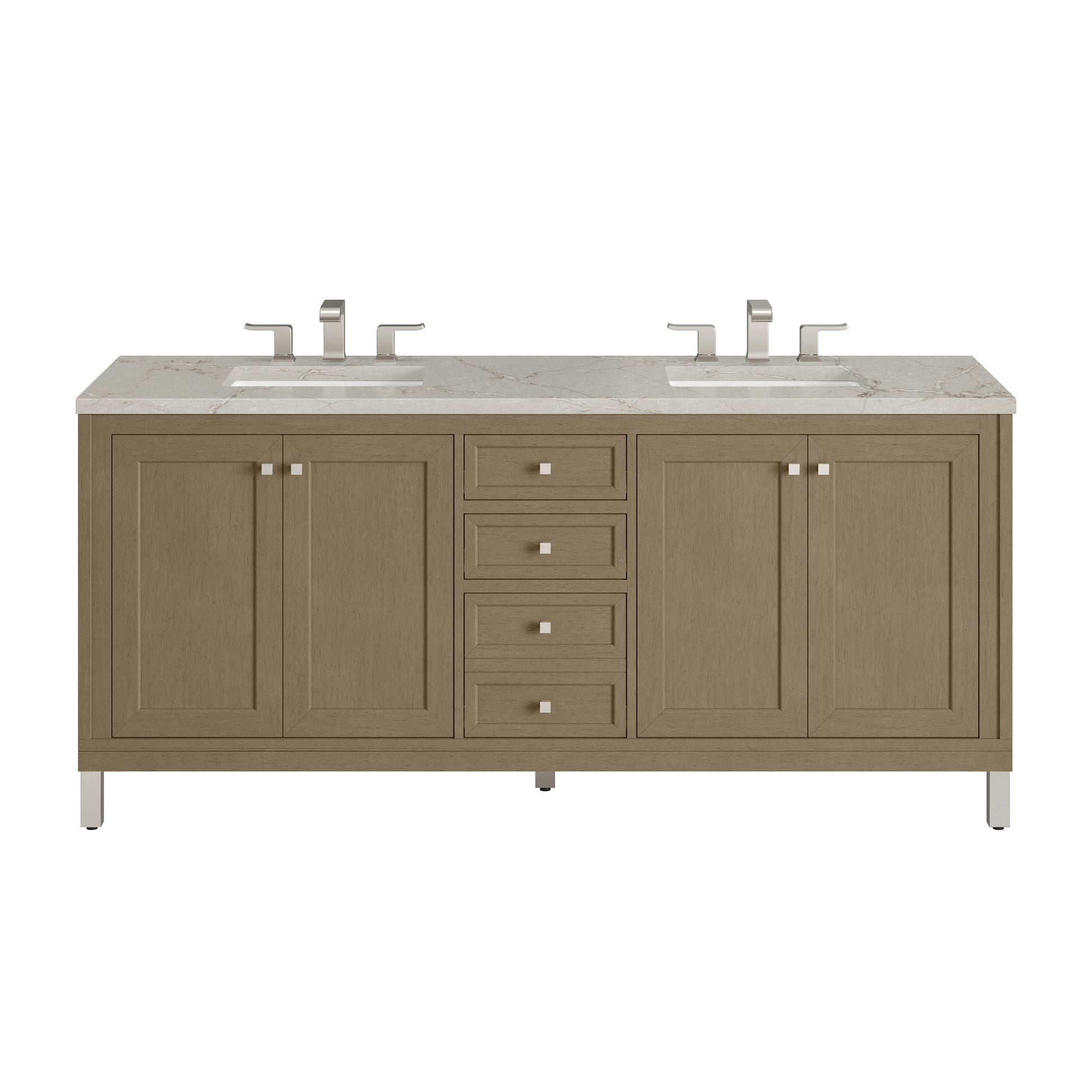 Renovate for Less Atlanta Chicago 72" Double Vanity, Walnut Whisper, w/ 3 CM Victorian Silver Silestone Top w/ FreePower Wireless Charger