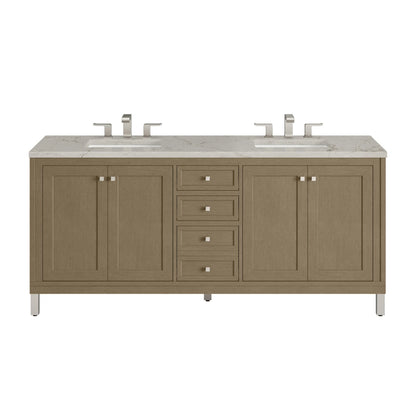 Chicago 72" Double Vanity, Walnut Whisper, w/ 3 CM Victorian Silver Silestone® Top