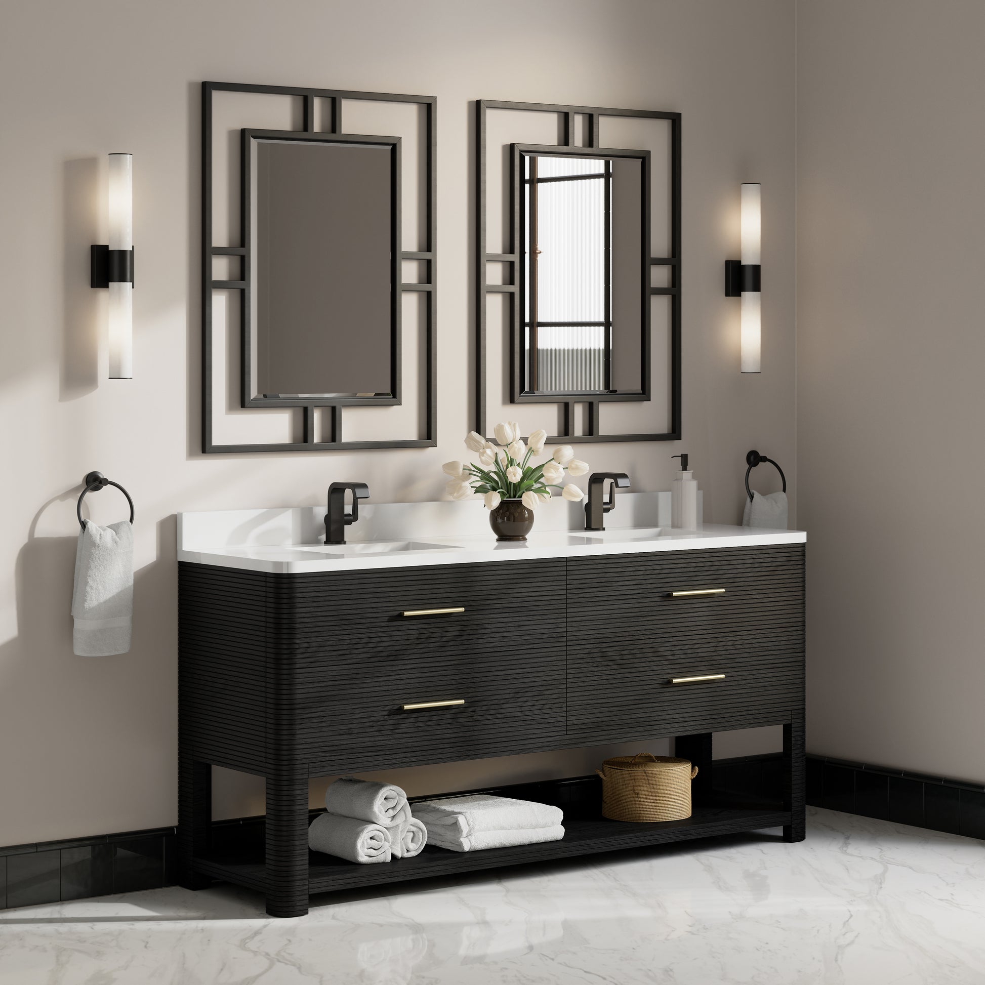 Renovate for Less Atlanta Lucian 72" Double Vanity, Carbon Oak w/ 3 CM White Zeus Silestone Top