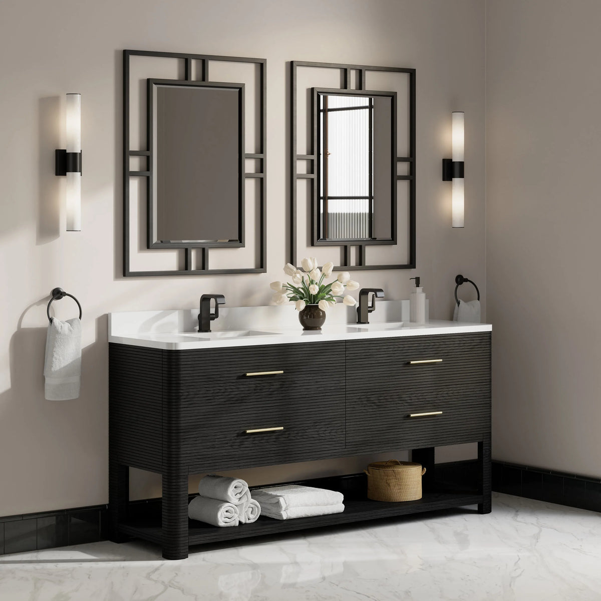Lucian 72" Double Vanity, Carbon Oak w/ 3 CM White Zeus Silestone Top