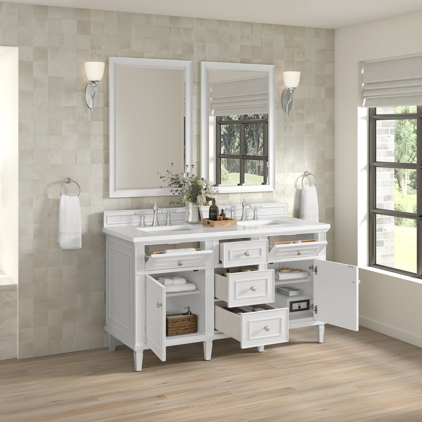 Renovate for Less Atlanta Lorelai 60" Double Vanity, Bright White w/ 3 CM White Zeus Silestone Top