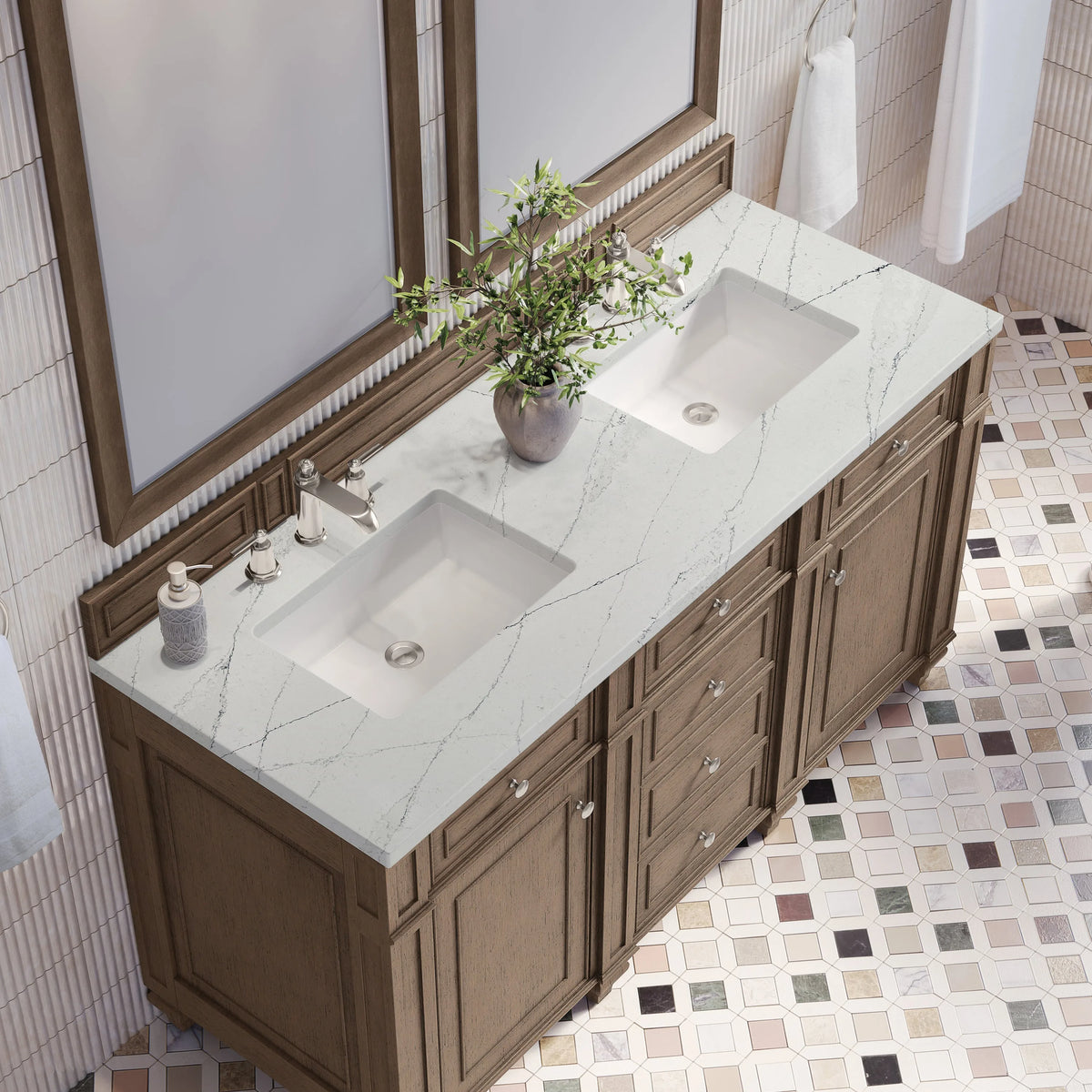 Bristol 60" Double Vanity, Whitewashed Walnut w/ 3 CM Ethereal Noctis Silestone Top