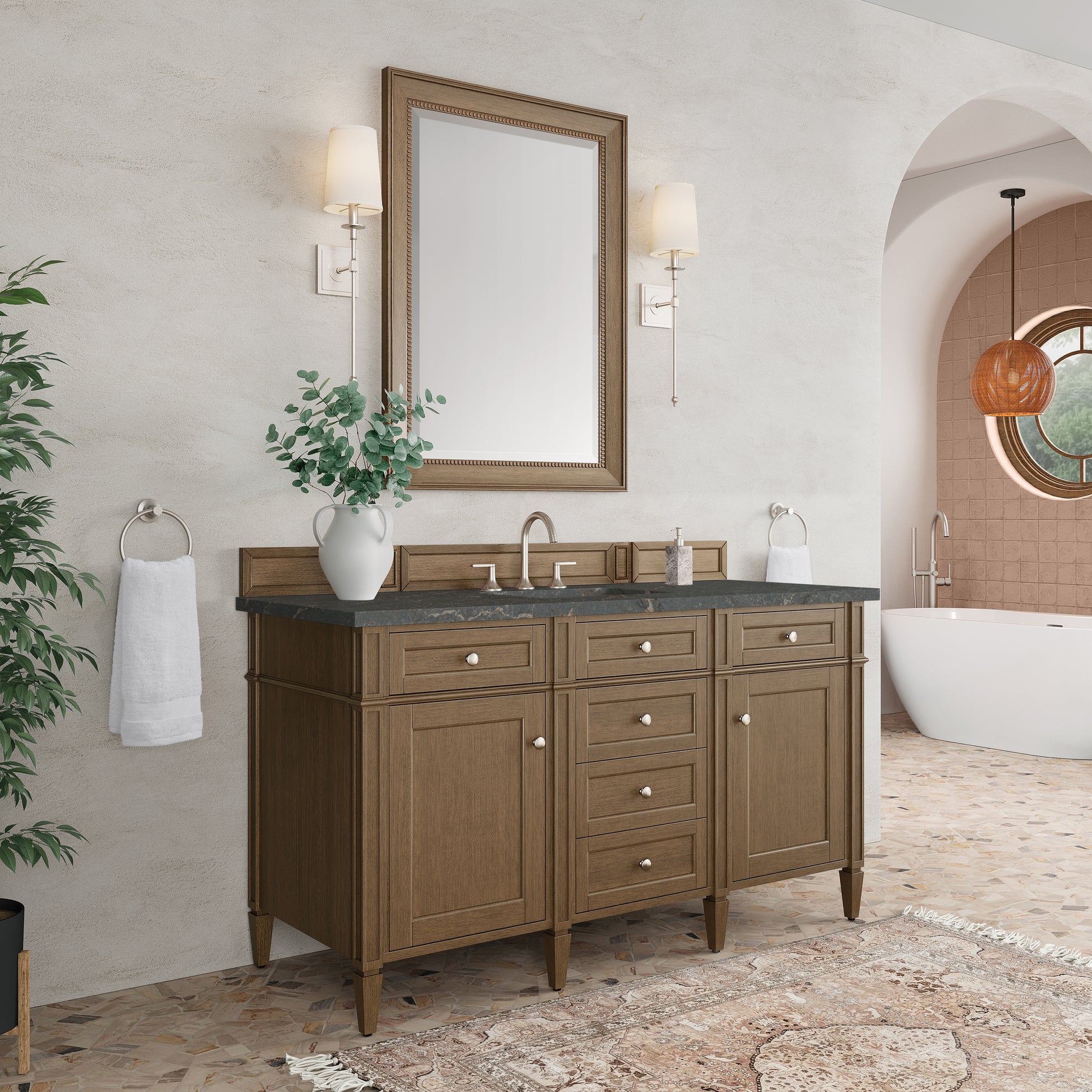 Renovate for Less Atlanta Brittany 60" Single Vanity, Saddle Brown w/ 3 CM Parisien Bleu Silestone Top
