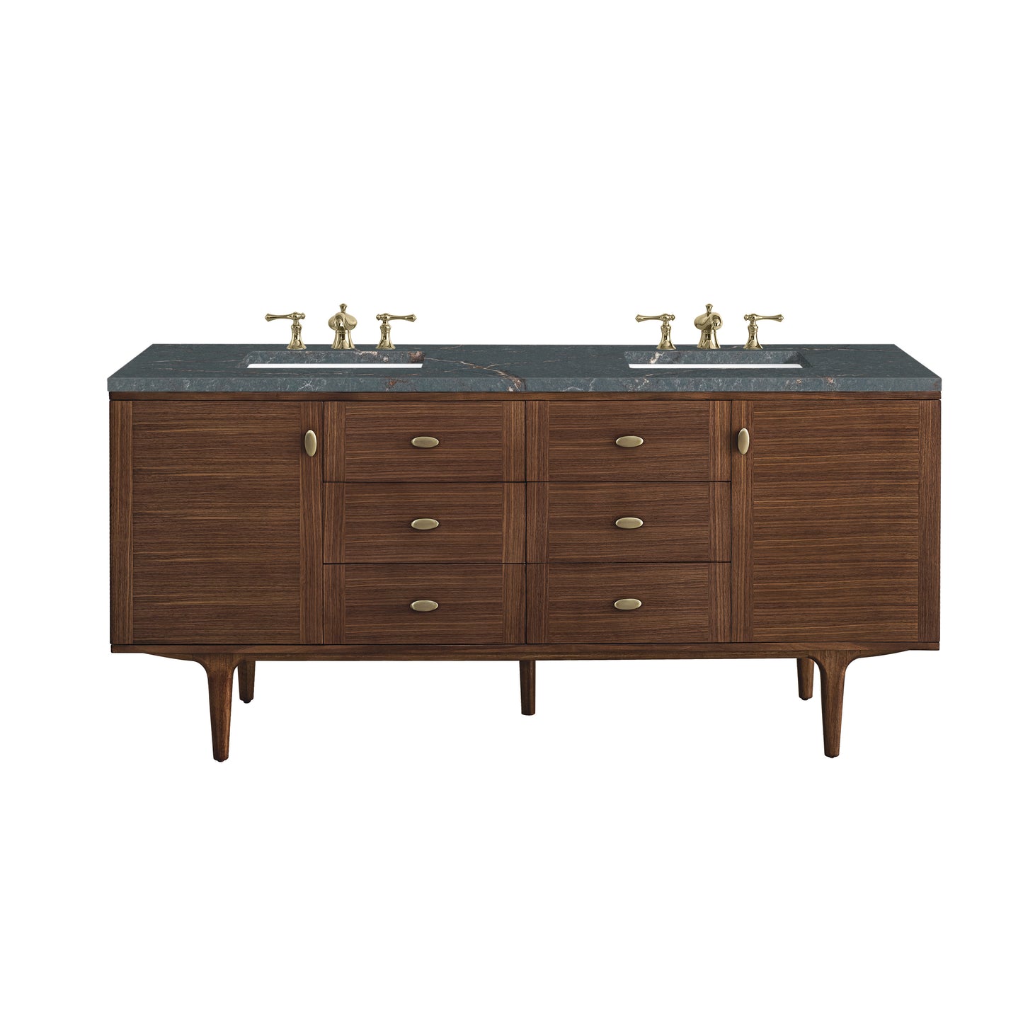 Renovate for Less Atlanta Amberly 72" Double Vanity, Mid-Century Walnut w/ 3 CM Parisien Bleu Top w/FreePower Wireless Charger