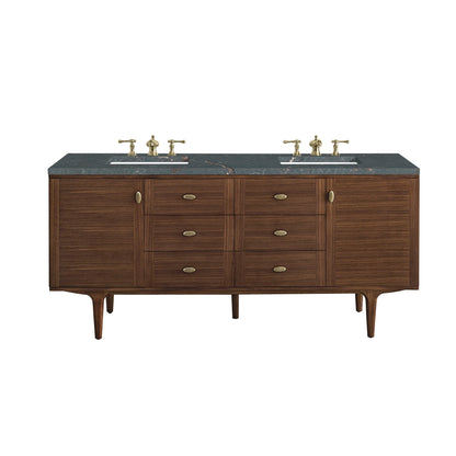 Amberly 72" Double Vanity, Mid-Century Walnut w/ 3 CM Parisien Bleu Top w/FreePower Wireless Charger