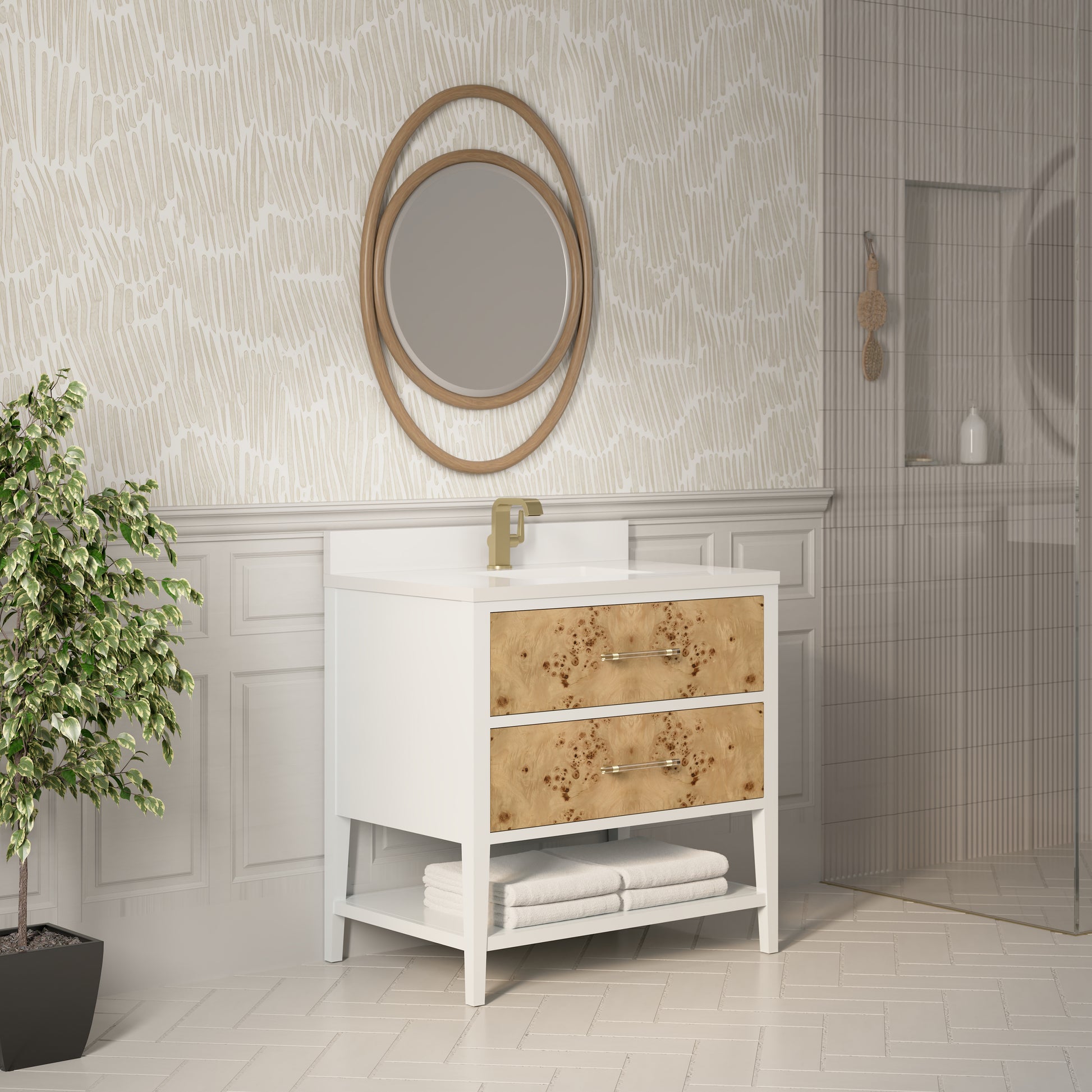 Renovate for Less Atlanta Olena 36" Single Vanity, Light Mappa Burl and Polished White w/ Single Hole 3 CM White Zeus Silestone Top & Backsplash