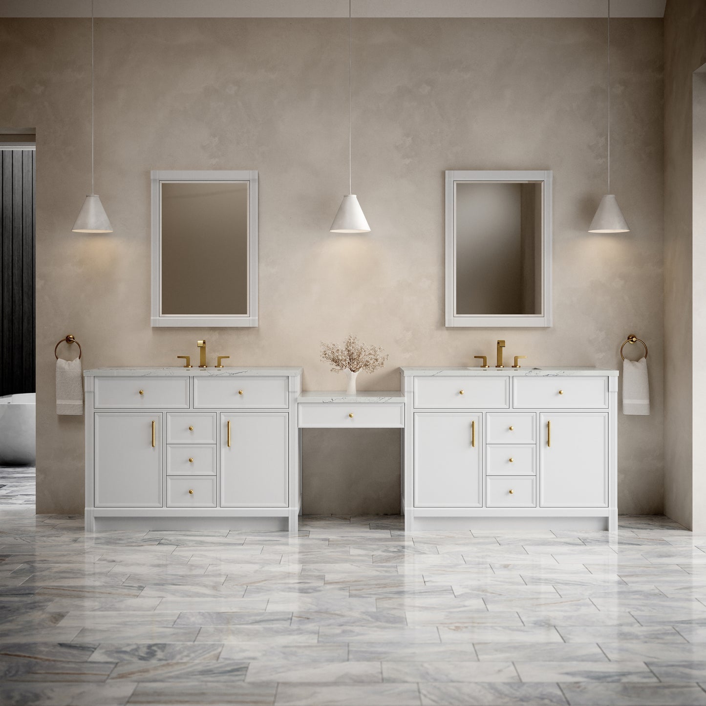Renovate for Less Atlanta Bellshire 120" Dual Vanity Set with 24" Make-Up Counter, Bright White w/3 cm Ethereal Noctis Silestone Top w/FreePower Wireless Charger