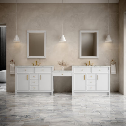 Renovate for Less Atlanta Bellshire 120" Dual Vanity Set with 24" Make-Up Counter, Bright White w/3 cm Ethereal Noctis Silestone Top w/FreePower Wireless Charger