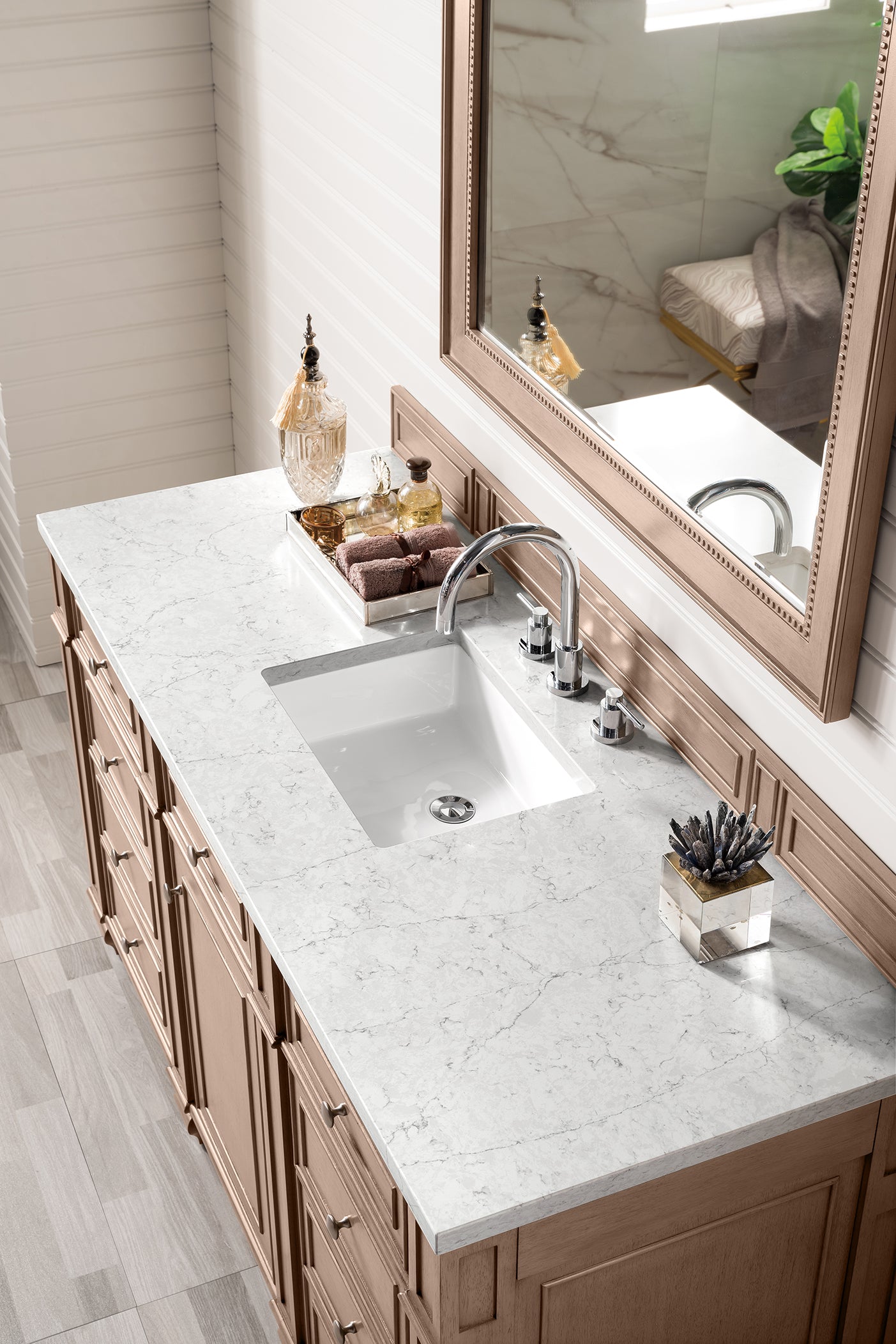 Renovate for Less Atlanta Bristol 60" Single Vanity, Whitewashed Walnut w/ 3 CM Eternal Jasmine Pearl Silestone Top w/FreePower Wireless Charger