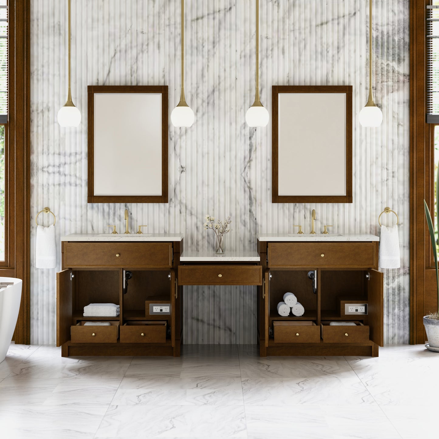Renovate for Less Atlanta Bellshire 96" Dual Vanity Set with 24" Make-Up Counter, Honey Oak w/3 cm Siberian Silestone Top