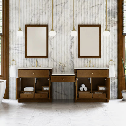 Bellshire 96" Dual Vanity Set with 24" Make-Up Counter, Honey Oak w/3 cm Siberian Silestone Top